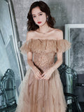 A-Line Off Shoulder Champagne Long Prom Dress, Champagne Formal Dress