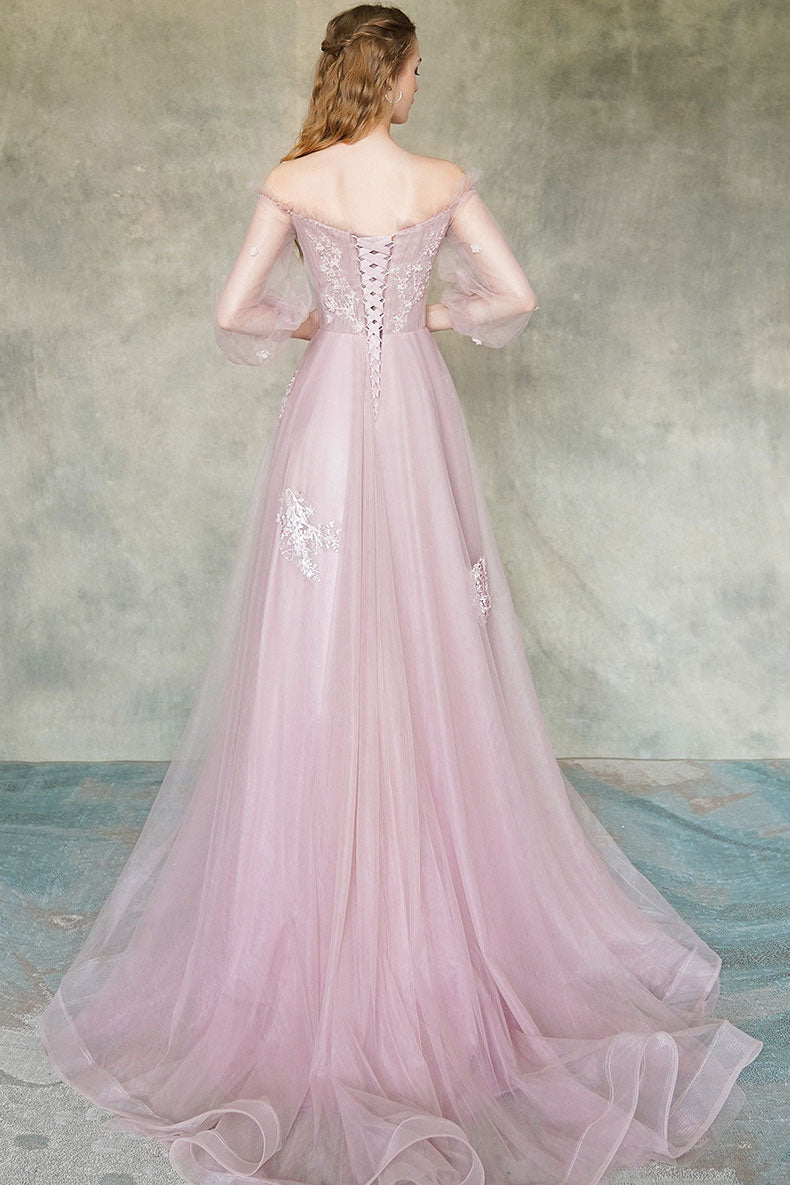 Pink tulle lace long prom dress pink tulle formal dress