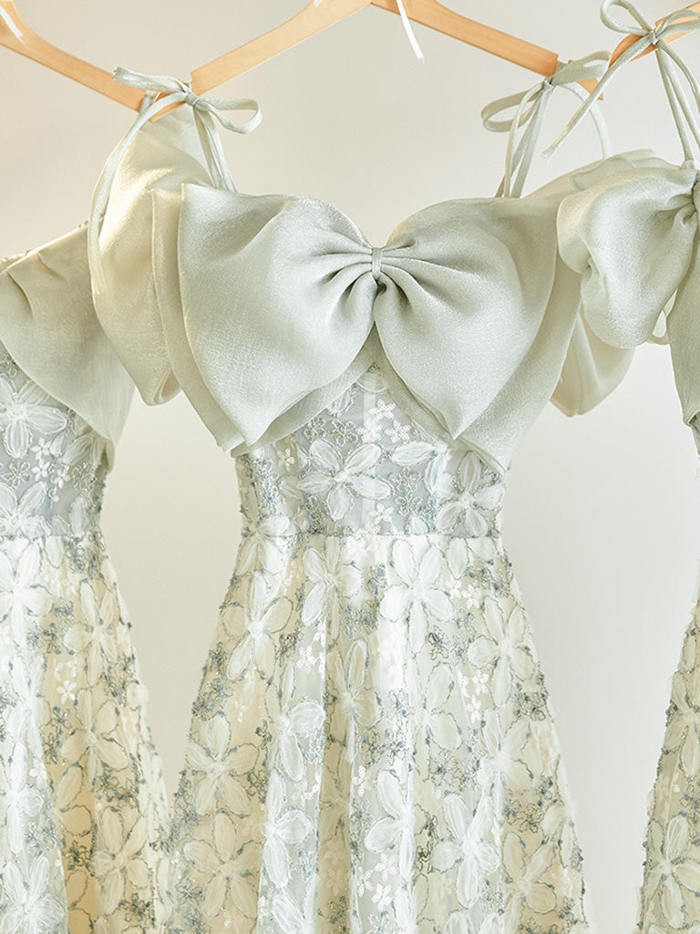 Green A-Line Lace Tea Length Prom Dress, Light Green Formal Dress