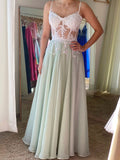 Green A line chiffon lace long prom dress, green evening dress