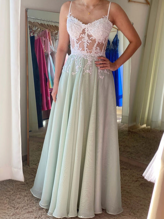 Green A line chiffon lace long prom dress, green evening dress