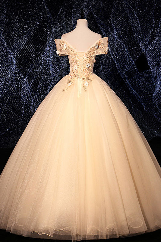 Champagne v neck tulle lace long prom dress champagne evening dress