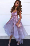 Purple tulle lace high neck prom dress lace homecoming dress