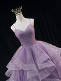 Purple v neck tulle sequin long prom dress, purple tulle formal dress