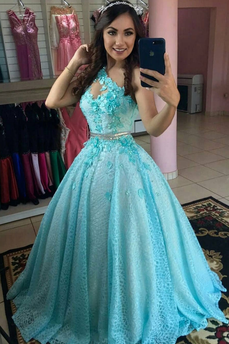Blue tulle lace one shoulder long prom dress blue evening dress