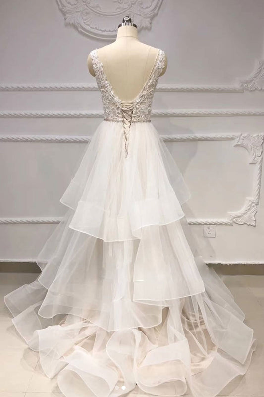 White tulle lace long prom dress, white tulle evening dress