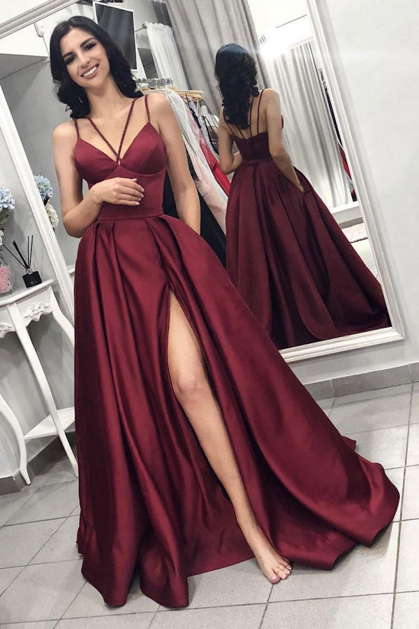 Simple burgundy satin long prom dress burgundy formal dress