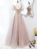 Simple tulle sequin long prom dress, tulle long evening dress