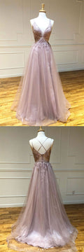 Pink v neck tulle lace long prom dress pink lace evening dress