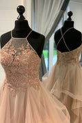 Champagne tulle lace long prom dress champagne formal dress