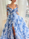 A-Line V Neck Tulle Blue Long Prom Dress, Blue Long Evening Dress