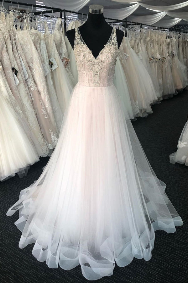 White v neck tulle beads long prom dress white tulle evening dress