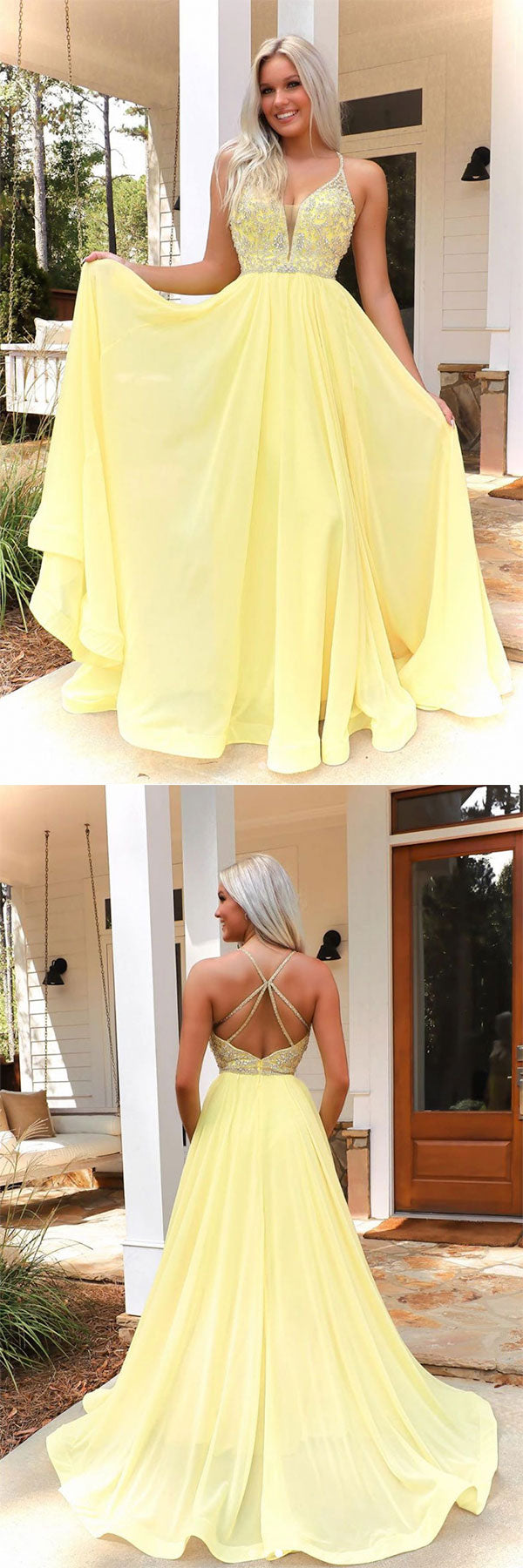 Yellow v neck chiffon beads long prom dress yellow formal dress