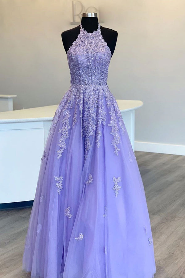 Purple tulle high neck lace long prom dress purple evening dress