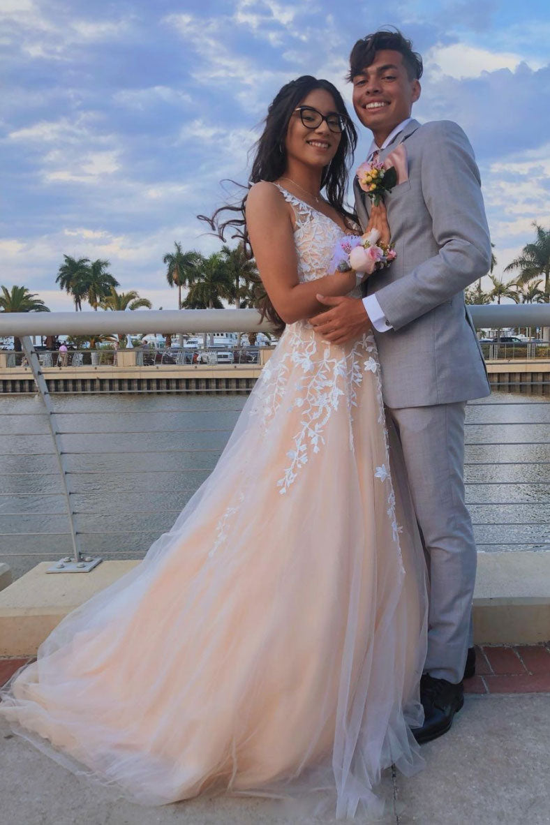 Pink v neck tulle lace long prom dress pink tulle. formal dress