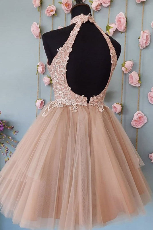 Pink tulle lace short prom dress lace homecoming dress