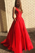 Simple red v neck satin long prom dress red formal dress