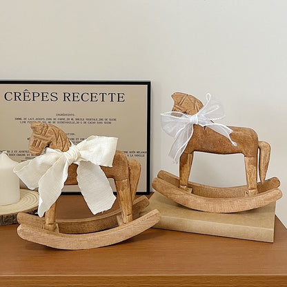 Vintage Wooden Rocking Horse Décor – Rustic Accent Piece with Ribbon