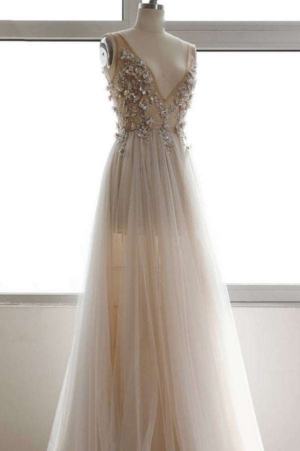 Light champagne v neck tulle lace long prom dress, evening dress
