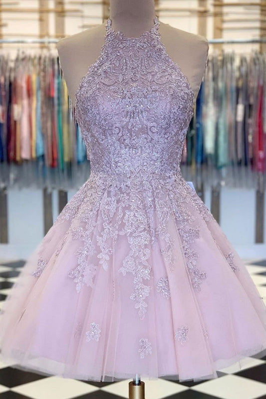 Pink high neck tulle lace short prom dress, pink evening dress