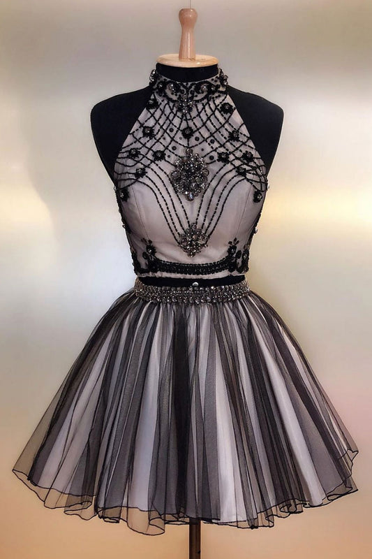 Black tulle beads short prom dress, black homecoming dress