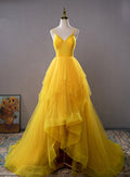 Yellow v neck high low prom dress yellow evening dress