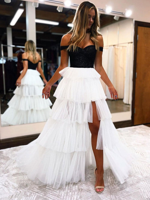 White A line tulle off shoulder long prom dress, white tulle formal dress