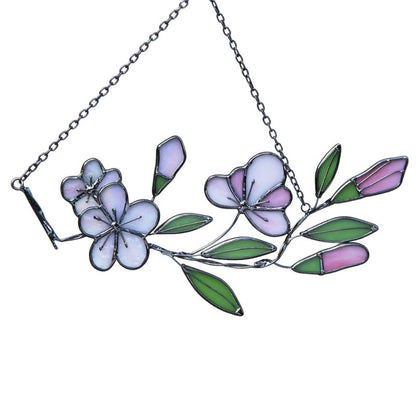 Handcrafted Stained Glass Flower Hanging | Iridescent Cherry Blossom Suncatcher with Silver/Black Frame