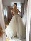 Champagne  Aline tulle lace long prom dress, champagne evening dress