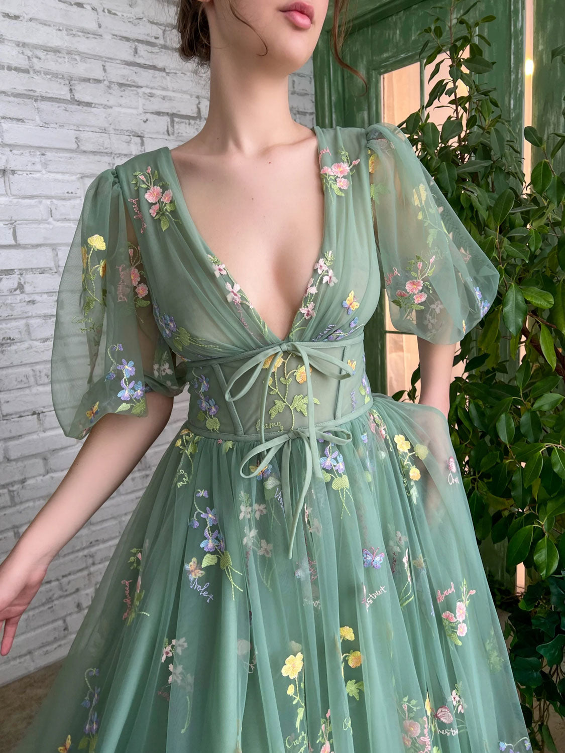 Green v neck tulle lace long prom dress, green tulle formal dress