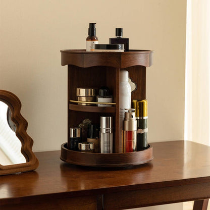 Vintage 360° Rotating Wooden Makeup Organizer – Elegant Vanity Storage with Carved Accents