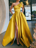 Yellow satin long prom dress, yellow evening dress