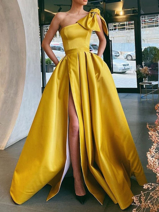Yellow satin long prom dress, yellow evening dress