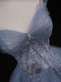 Blue A line sweetheart neck tulle long prom dress blue formal dress