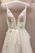 White v neck tulle lace long prom dress, white evening dress
