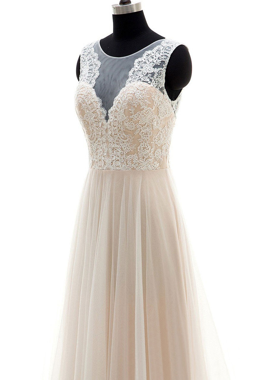 Champagne round neck tulle lace long prom dress, champagne wedding dress