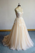 Champagne round neck tulle lace long prom dress, champagne evening dress