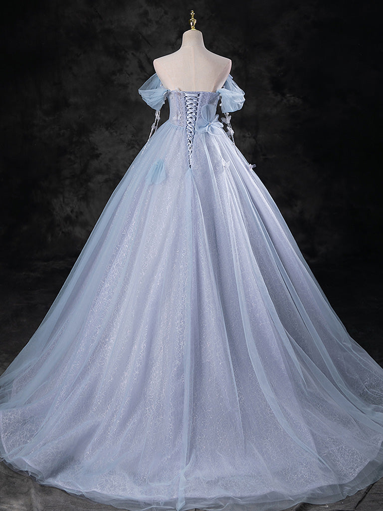 A-Line Sweetheart Neck Off Shoulder Tulle Gray Blue Long Prom Dress, Blue Formal Dress