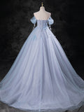 A-Line Sweetheart Neck Off Shoulder Tulle Gray Blue Long Prom Dress, Blue Formal Dress
