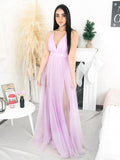 Simple pink v neck tulle long prom dress tulle formal dress