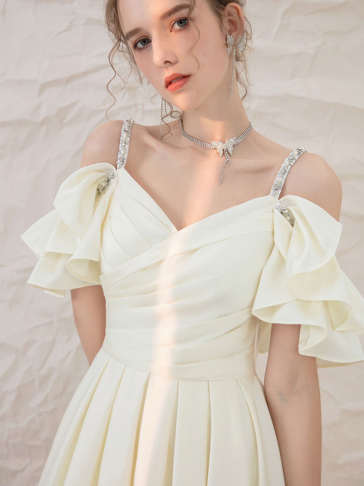 Light yellow satin short prom dress, yellow bridesmaid dress