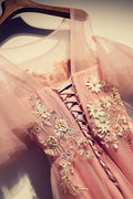 Pink round neck tulle lace long prom dress, pink tulle evening dress