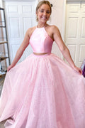 Pink two pieces satin long prom dress pink evening dress