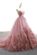 Pink sweetheart tulle long prom gown, tulle evening dress