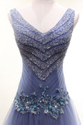 Unique v neck tulle beads long prom dress, tulle evening dress