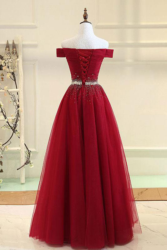Burgundy tulle off shoulder long prom dress, burgundy evening dress