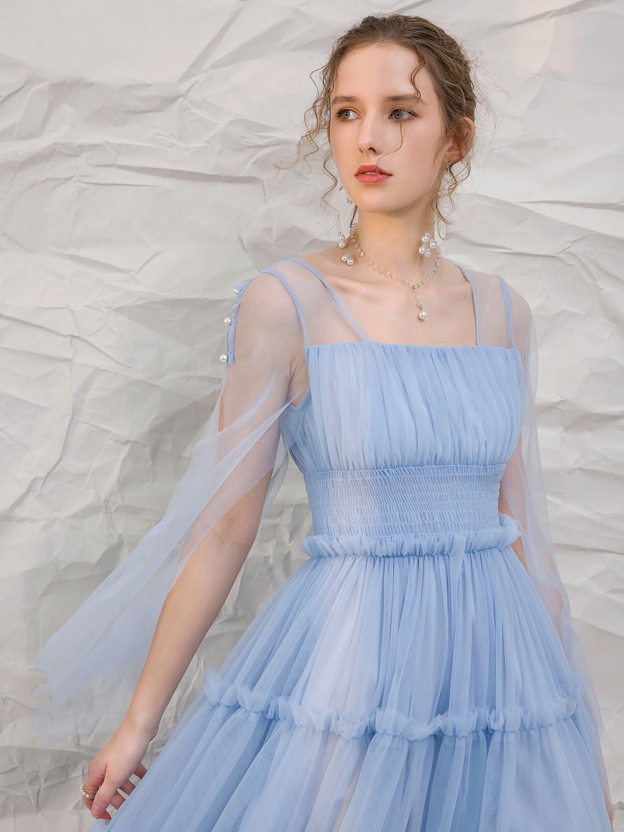Blue tulle tea length prom dress, blue tulle formal evening dress