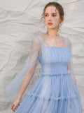 Blue tulle tea length prom dress, blue tulle formal evening dress