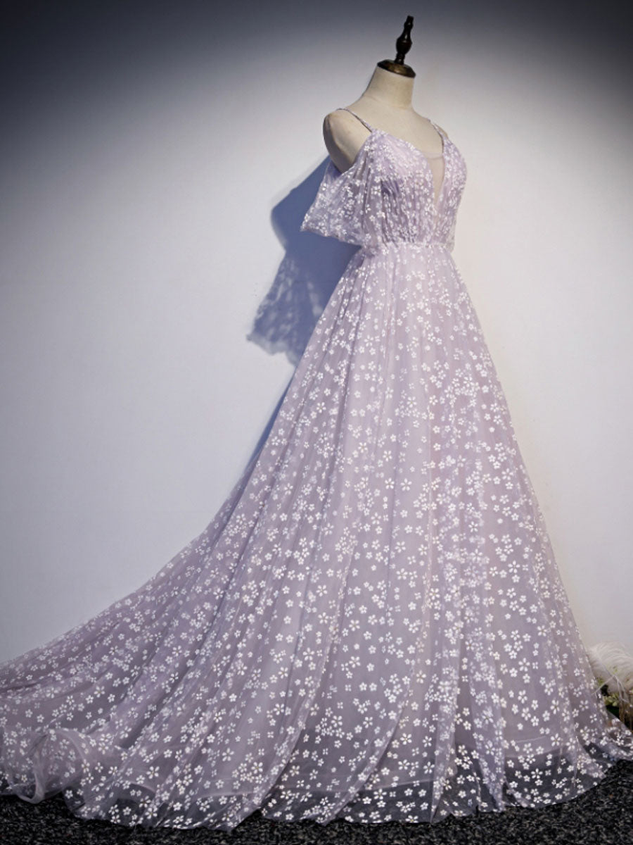 Purple tulle A line long prom dress, purple tulle formal dress