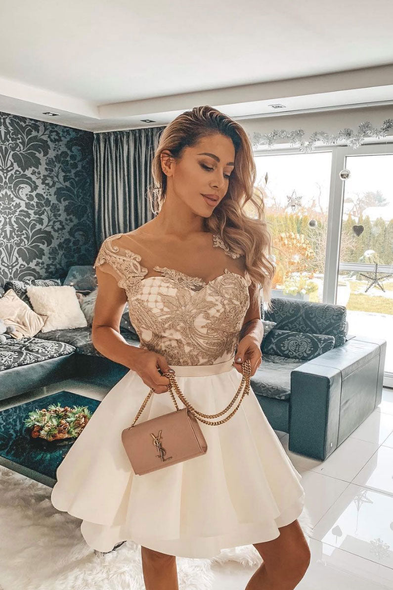 White lace short prom dress, white lace homecoming dress